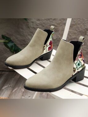 Brand new Vintage Taupe Suede Ankle Boots with Floral Heel Panel